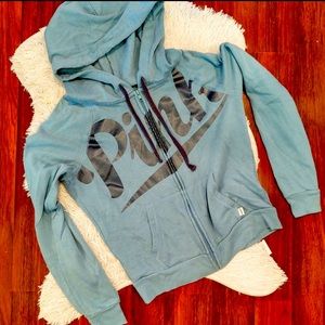 PINK Zip Up Hoodie Blue with Shimmery Script